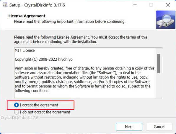 Tick chọn đồng ý điều khoản của phần mềm CrystalDiskInfo