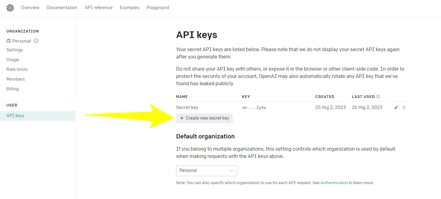 Tạo ChatGPT API key mới