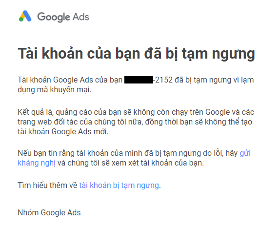 Email thông báo Tài khoản Google Ads bị tạm ngưng do Chính sách mã khuyến mại