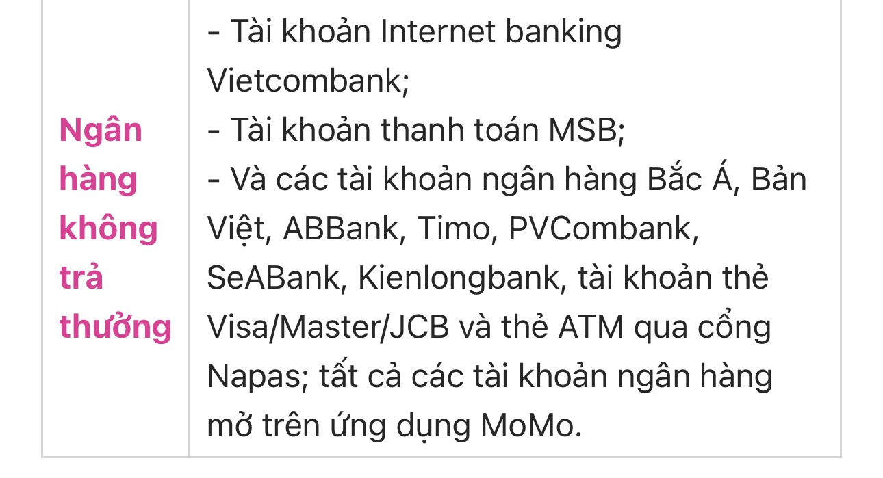 Danh sách ngân hàng liên kết MoMo không trả thưởng 2023